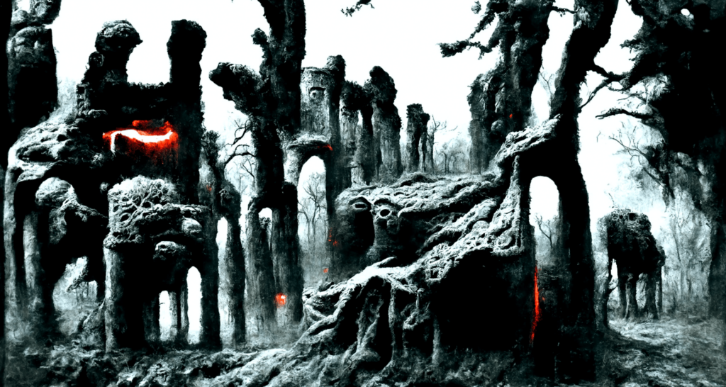 a beautiful painting haunted ancient ruins dark forest by Zdzisław Beksiński trending on artstation magic realism [Disco Diffusion v5] 1740365025