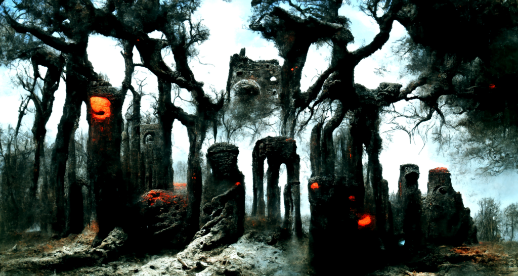 a beautiful painting haunted ancient ruins dark forest by Zdzisław Beksiński trending on artstation magic realism [Disco Diffusion v5] 935383500