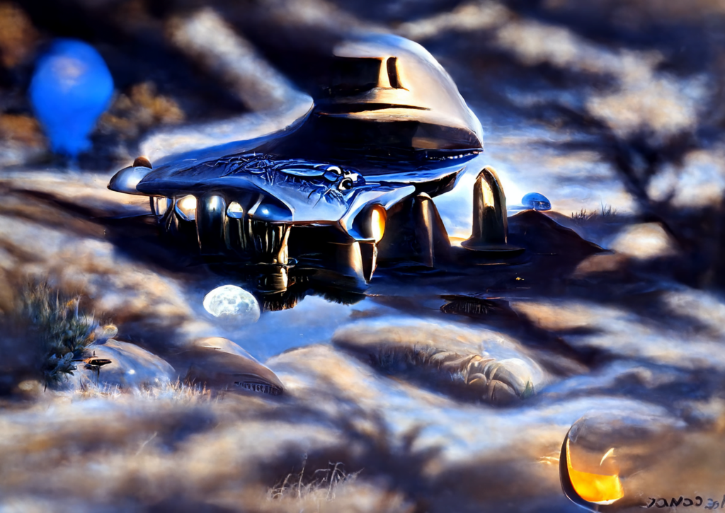 a beautiful painting of a moonlit alien spaceship hovering in the clear sky in a peaceful alien landscape by greg hildebrandt [Disco Diffusion v5] 317535748