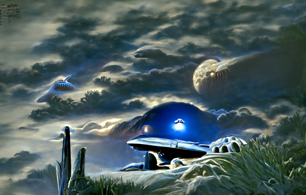 a beautiful painting of a moonlit alien spaceship hovering in the sky in a peaceful alien landscape by greg hildebrandt [Disco Diffusion v5] 1204360670