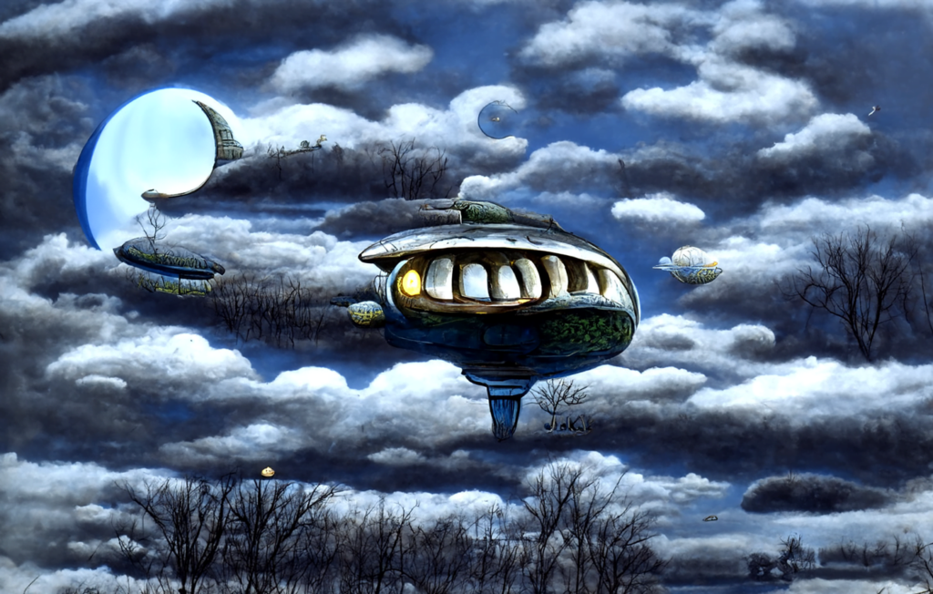 a beautiful painting of a moonlit alien spaceship hovering in the sky in a serene landscape by jack yerka [Disco Diffusion v5] 1066723655