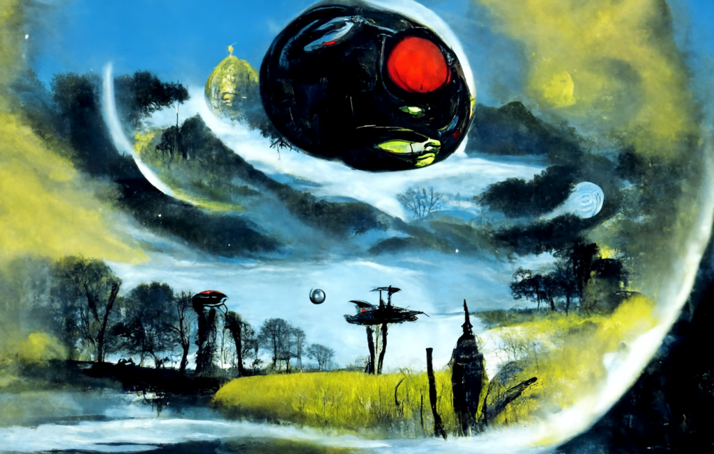 a beautiful painting of a moonlit cybernetic alien orb in the sky in a serene landscape by jack gaughan [Disco Diffusion v5] 139685356