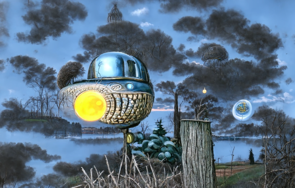 a beautiful painting of a moonlit cybernetic alien orb in the sky in a serene landscape by jack yerka [Disco Diffusion v5] 862211435