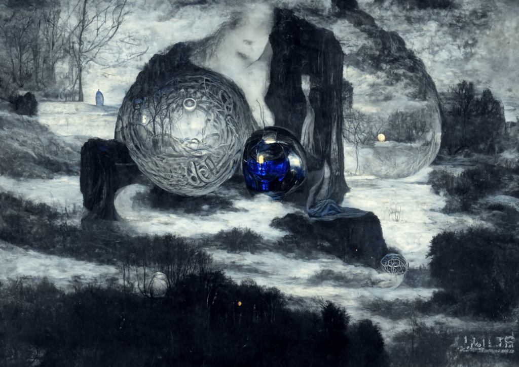 a beautiful painting of a moonlit mechanical orb in a serene landscape by jean delville [Disco Diffusion v5] 1096805884