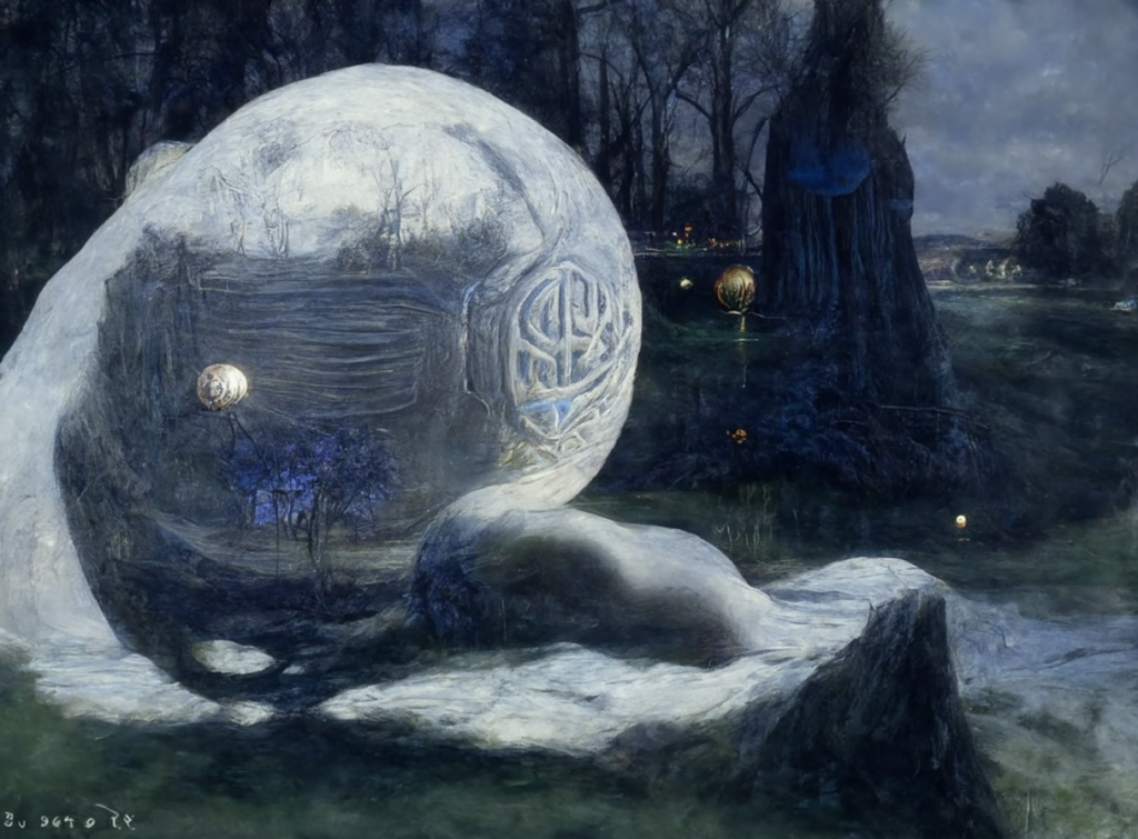 a beautiful painting of a moonlit mechanical orb in a serene landscape by jean delville [Disco Diffusion v5] 1244021511