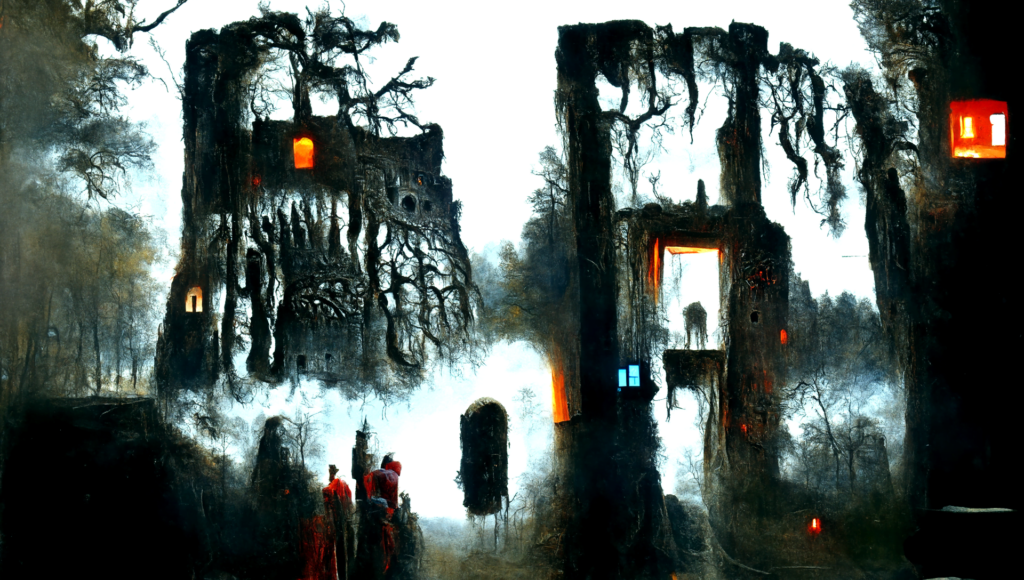 a beautiful painting of haunted ancient castle with vibrant magical light coming out the door inside a dark forest by Zdzisław Beksiński trending on artstation magic realism [Disco Diffusion v5] 237671408