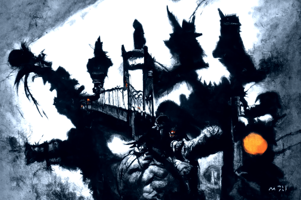 a large shadow of a monster with knives for fingers on a dark bridge lit by gas street lamps by Simon Bisley trending on artstation [Disco Diffusion v5] 626861775