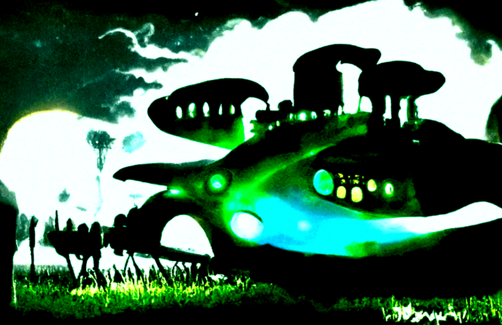 a lovecraftian spaceship with glowing lights in a dark serene field magic realism [Disco Diffusion v5] 1870754287