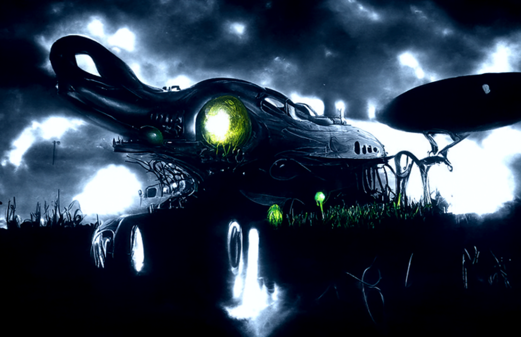 a lovecraftian spaceship with glowing lights in a dark serene field magic realism [Disco Diffusion v5] 608556908