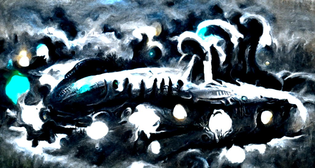 a lovecraftian spaceship with glowing lights in a dark serene field with a c lear night sky full of stars magic realism trending on artstation [Disco Diffusion v5] 1531767446