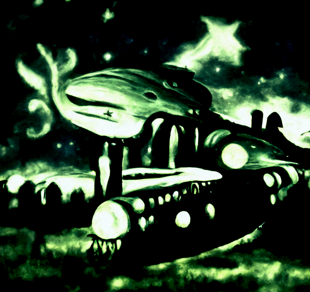 a lovecraftian spaceship with glowing lights in a dark serene field with a night sky full of stars magic realism [Disco Diffusion v5] 1601627669