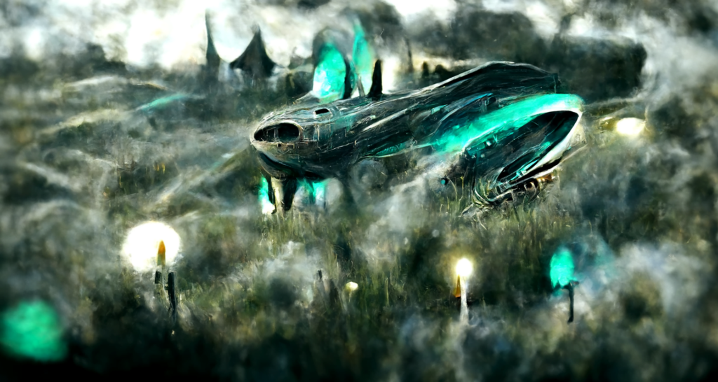 a magical spaceship with glowing lights in a beautiful serene field trending on artstation magic realism lovecraftian [Disco Diffusion v5] 155062127