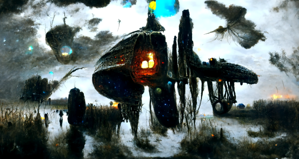 a magical spaceship with glowing lights landing in a peaceful field by Zdzisław Beksiński trending on artstation magic realism lovecraftian hyperrealism galaxy night sky [Disco Diffusion v5] 931315657
