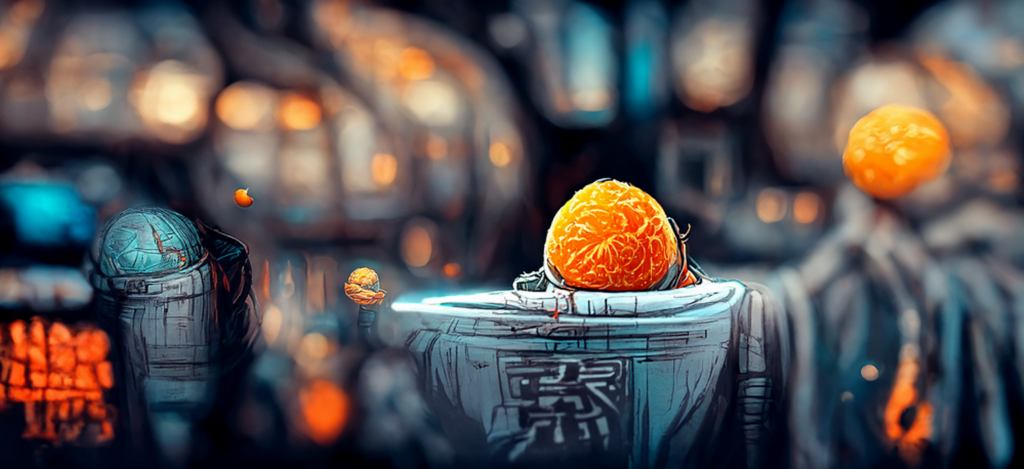 a mandarin orange in space star wars by dan mumford trending on artstation [Disco Diffusion v5] 419302649