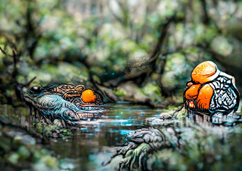 a mandarin orange on the back of a mythical toad next to a serene stream by dan mumford [Disco Diffusion v5] 485660328