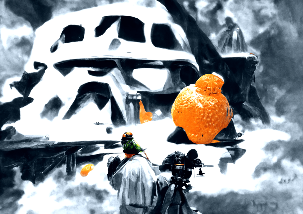 a mandarin orange on the set of star wars with darth vader and yoda by chris foss trending on artstation [Disco Diffusion v5] 654165459