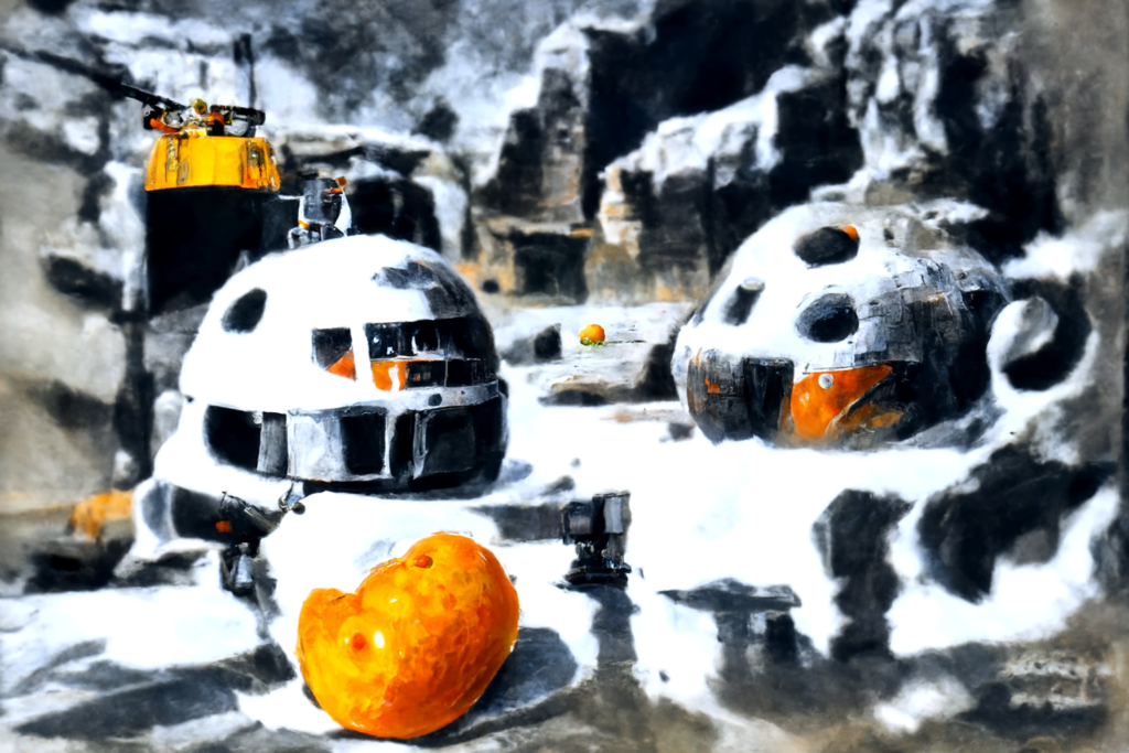 a mandarin orange on the set of star wars with humanoid robots by chris foss trending on artstation [Disco Diffusion v5] 1061004406