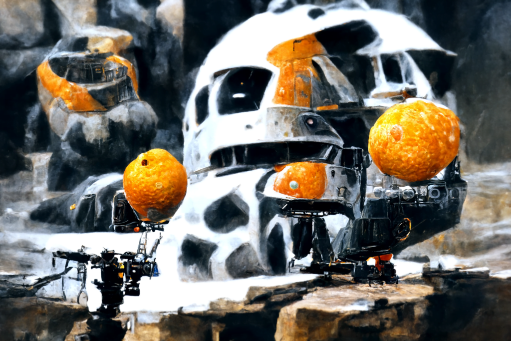 a mandarin orange on the set of star wars with humanoid robots by chris foss trending on artstation [Disco Diffusion v5] 158799124