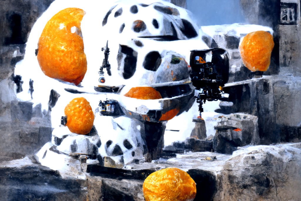 a mandarin orange on the set of star wars with humanoid robots by chris foss trending on artstation [Disco Diffusion v5] 1646274264