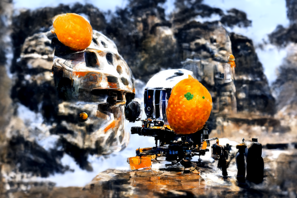 a mandarin orange on the set of star wars with humanoid robots by chris foss trending on artstation [Disco Diffusion v5] 539456519