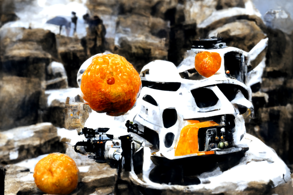 a mandarin orange on the set of star wars with humanoid robots by chris foss trending on artstation [Disco Diffusion v5] 76239237