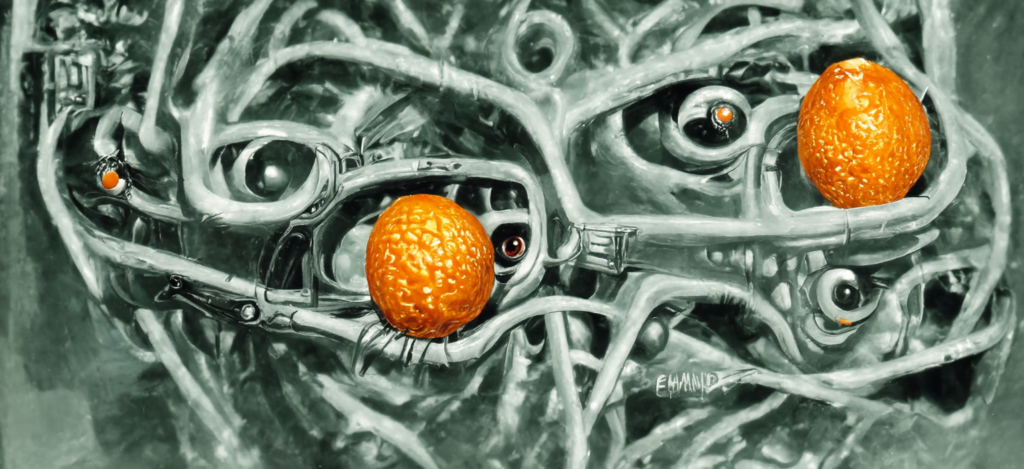 a mandarin orange with biomechanical eyes by ed emshwiller [Disco Diffusion v5] 123416868