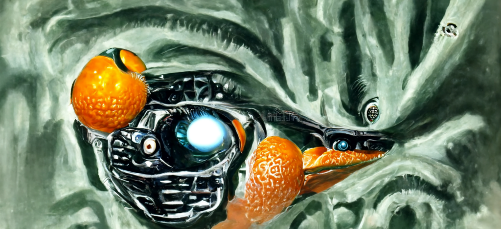 a mandarin orange with biomechanical eyes by ed emshwiller [Disco Diffusion v5] 1921792531