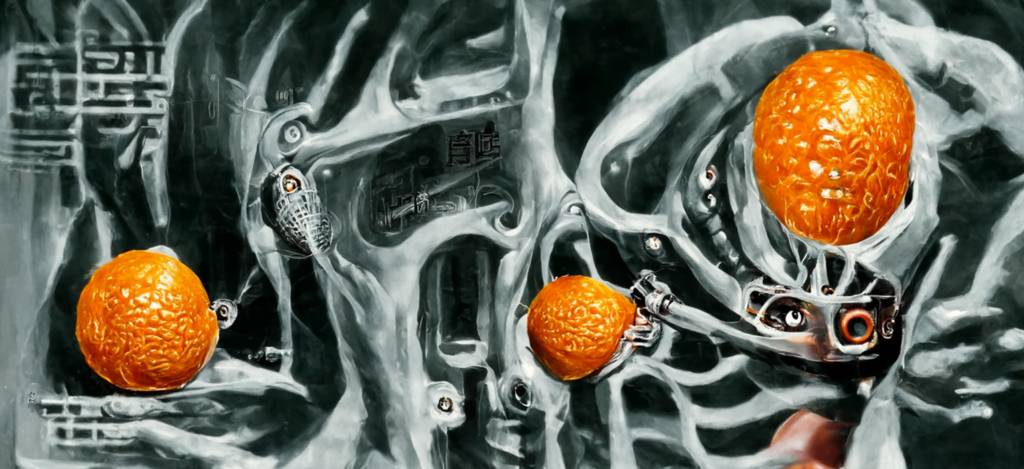 a mandarin orange with biomechanical installments by ed emshwiller [Disco Diffusion v5] 112749892