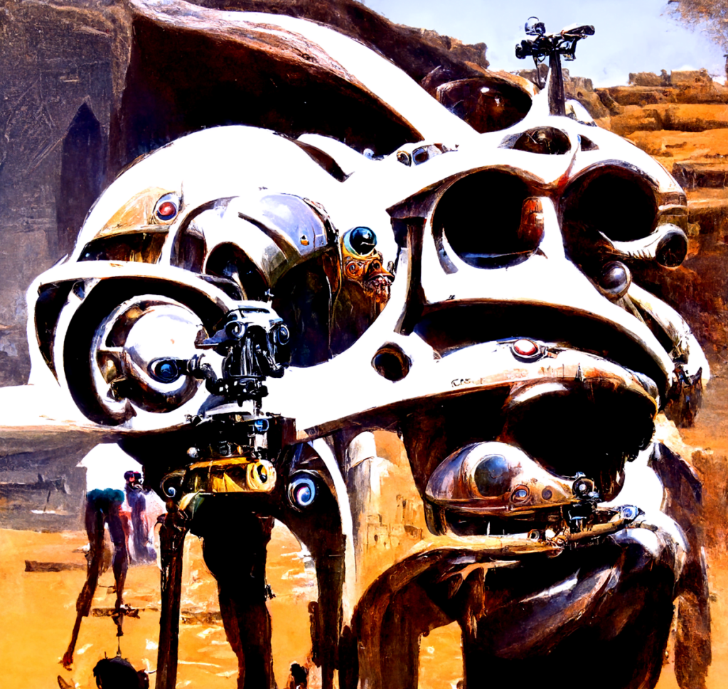 a mechanical cyclops on the set of star wars with humanoid robots by bruce pennington trending on artstation [Disco Diffusion v5] 1395401377