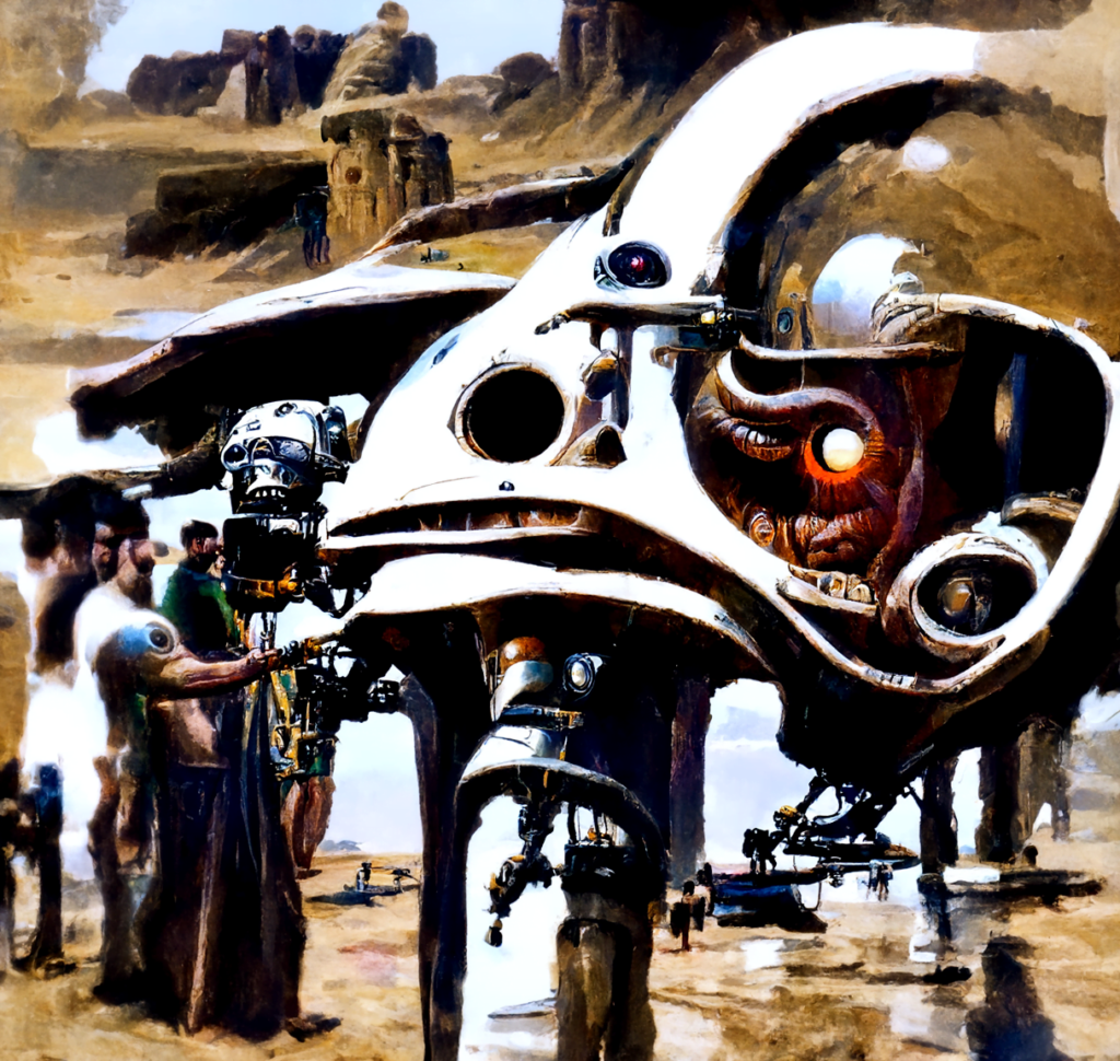 a mechanical cyclops on the set of star wars with humanoid robots by bruce pennington trending on artstation [Disco Diffusion v5] 145395896