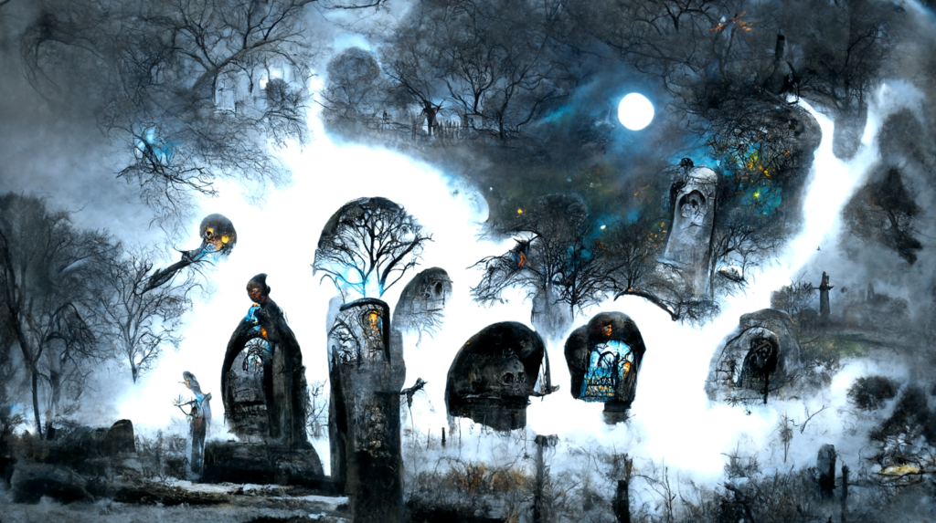 a moonlit graveyard with glowing magic from within the graves by Esao Andrews [Disco Diffusion v5] 967795332