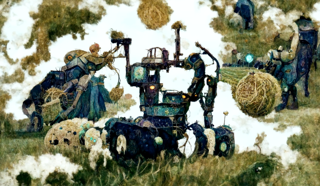 a robot machine farming a beautiful field of hay by Edmund Dulac trending on artstation [Disco Diffusion v5] 1319624631