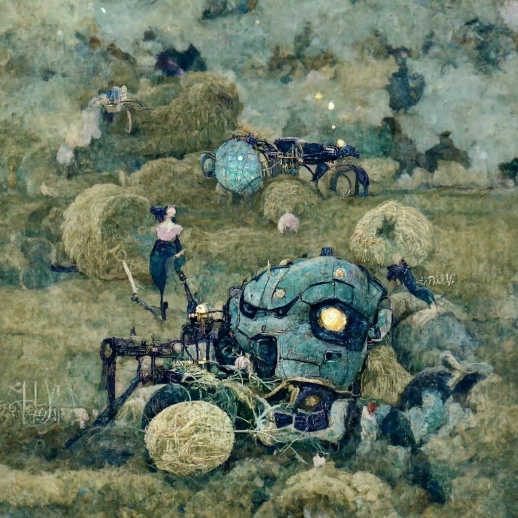 a robot machine farming a beautiful field of hay by Edmund Dulac trending on artstation [Disco Diffusion v5] 1838785400