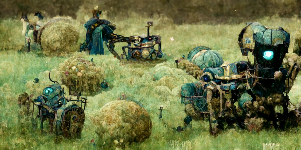 a robot machine farming a beautiful field of hay by Edmund Dulac trending on artstation [Disco Diffusion v5] 2014819490