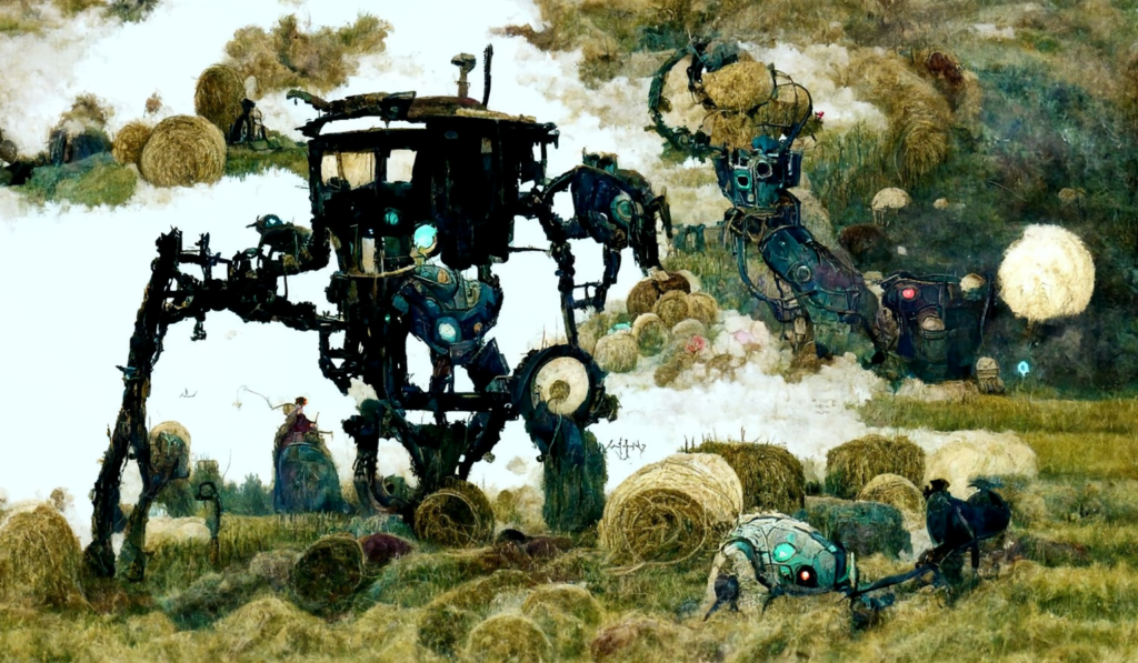 a robot machine farming a beautiful field of hay by Edmund Dulac trending on artstation [Disco Diffusion v5] 528563331