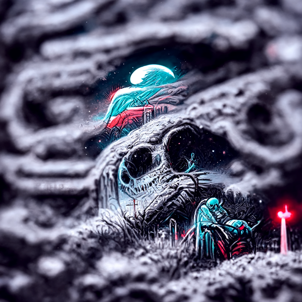 a single skeleton monster emerging from a grave with an anaglyphic geometric tombstone and a moon in the night sky by dan mumford [Disco Diffusion v5] 1500464165