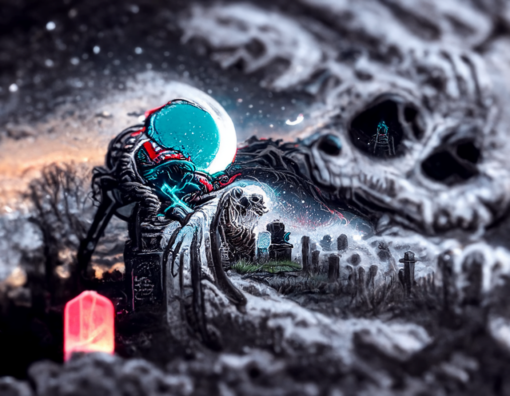 a single skeleton monster emerging from a grave with an anaglyphic geometric tombstone and a moon in the night sky by dan mumford [Disco Diffusion v5] 1799842598