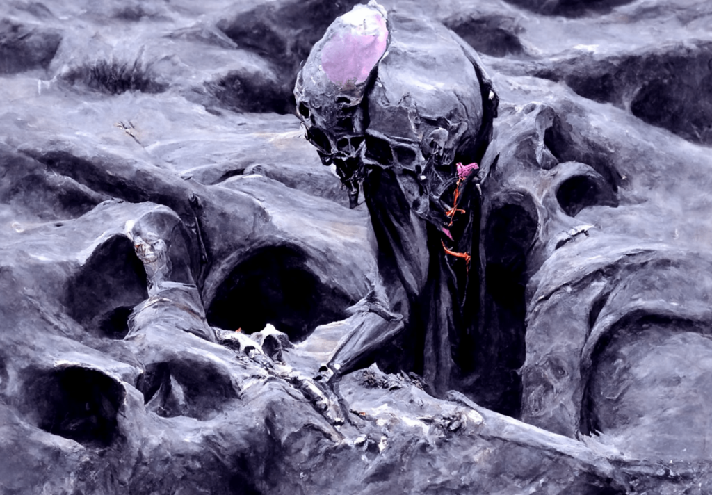 a skeleton emerging from a grave by Wayne Barlowe trending [Disco Diffusion v5] 2135197345