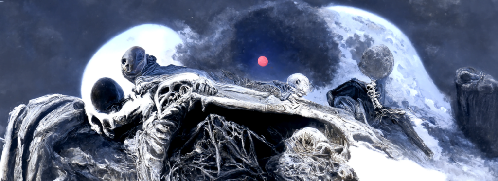 a skeleton emerging from a grave with moon overhead by Wayne Barlowe and gustave dore trending on artstation death [Disco Diffusion v5] 552476361