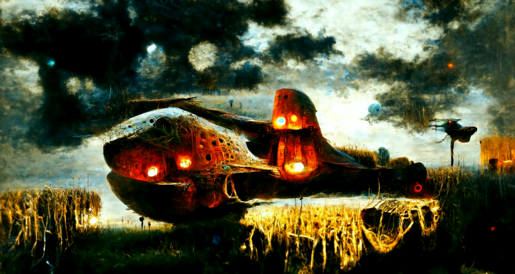 a spaceship with glowing lights landing in a peaceful field by Zdzisław Beksiński trending on artstation magic realism lovecraftian hyperrealism [Disco Diffusion v5] 1216691868