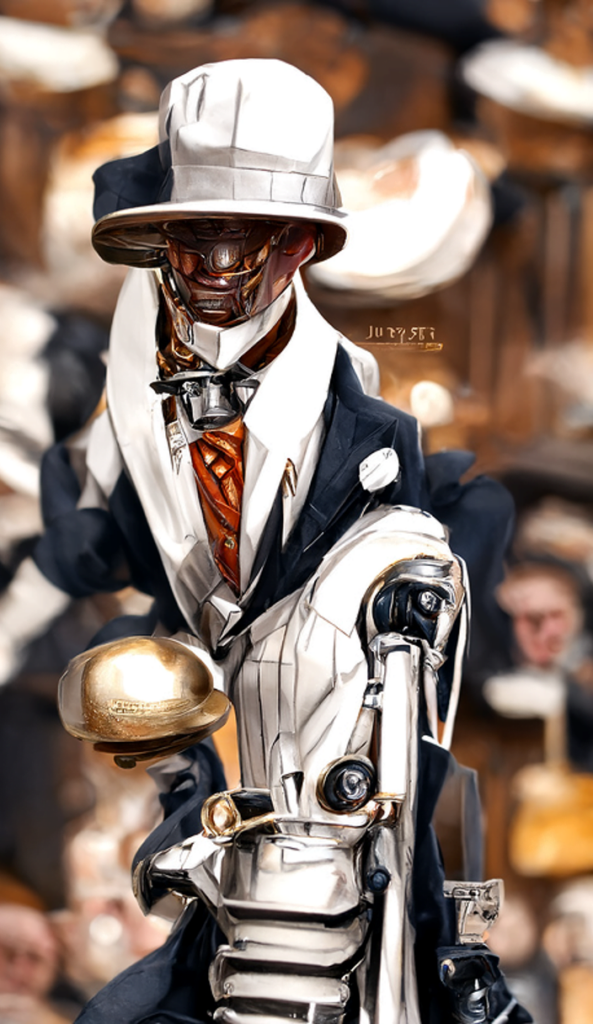 a vintage humanoid robot in a pinstripe suit and trilby hat by JC Leyendecker trending on artstation [Disco Diffusion v5] 1255042923