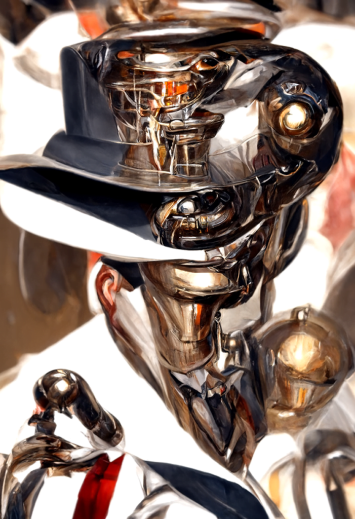 a vintage robot in a pinstripe suit and trilby hat by JC Leyendecker trending on artstation [Disco Diffusion v5] 872913440
