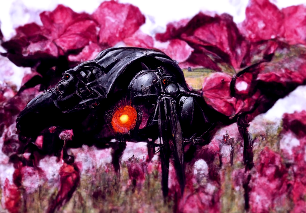 an ancient cybernetic spacecraft in a peaceful field of flowers by Wayne Barlowe trending on artstation dark colors [Disco Diffusion v5] 1917188253