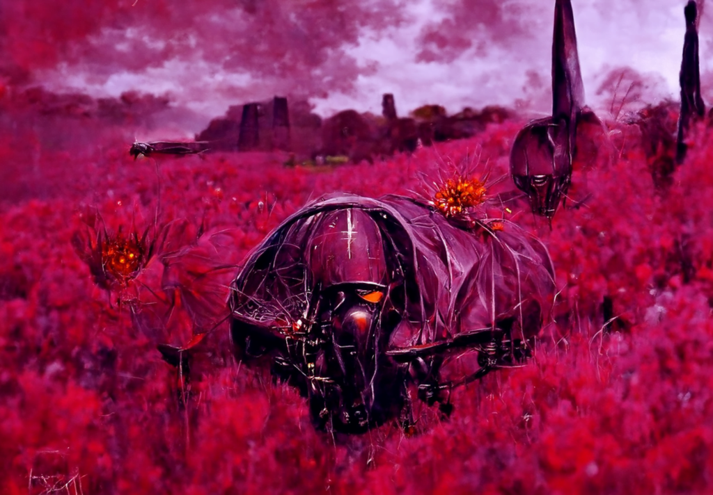 an ancient cybernetic spacecraft in a peaceful field of flowers by Wayne Barlowe trending on artstation dark colors [Disco Diffusion v5] 2042717515