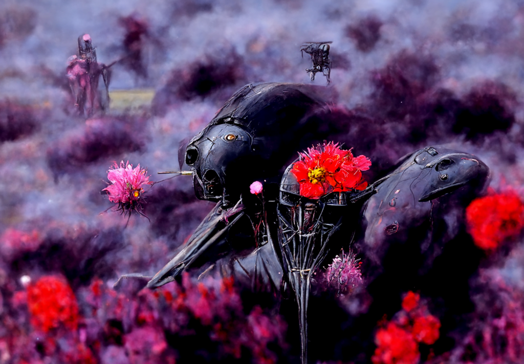 an ancient cybernetic spacecraft in a peaceful field of flowers by Wayne Barlowe trending on artstation dark colors [Disco Diffusion v5] 647702997