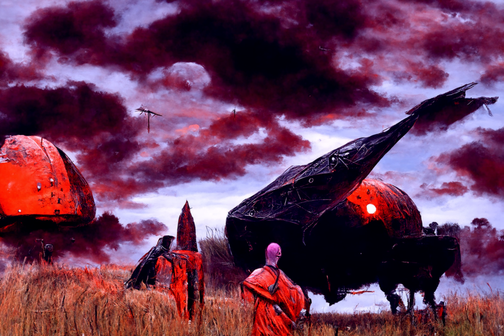 an ancient spacecraft in a serene field by Wayne Barlowe trending on artstation [Disco Diffusion v5] 1551858297