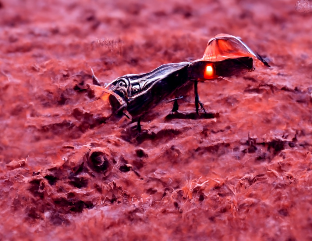 an ancient spacecraft with glowing lights in a serene field by Wayne Barlowe trending on artstation [Disco Diffusion v5] 589151576