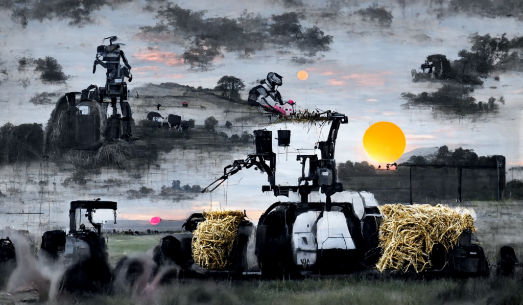 robotic machines farming hay in a serene field at sunset by banksy [Disco Diffusion v5] 1454419112