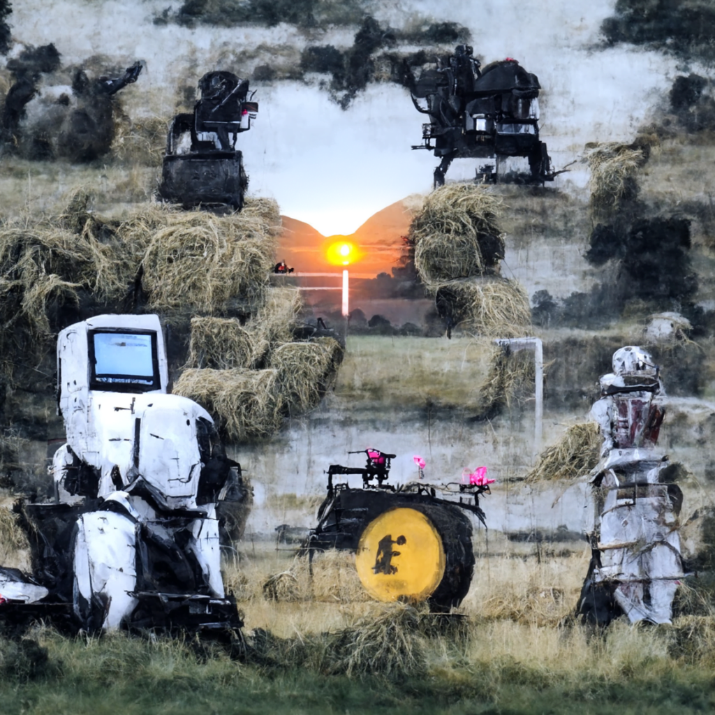 robotic machines farming hay in a serene field at sunset by banksy [Disco Diffusion v5] 1688315829