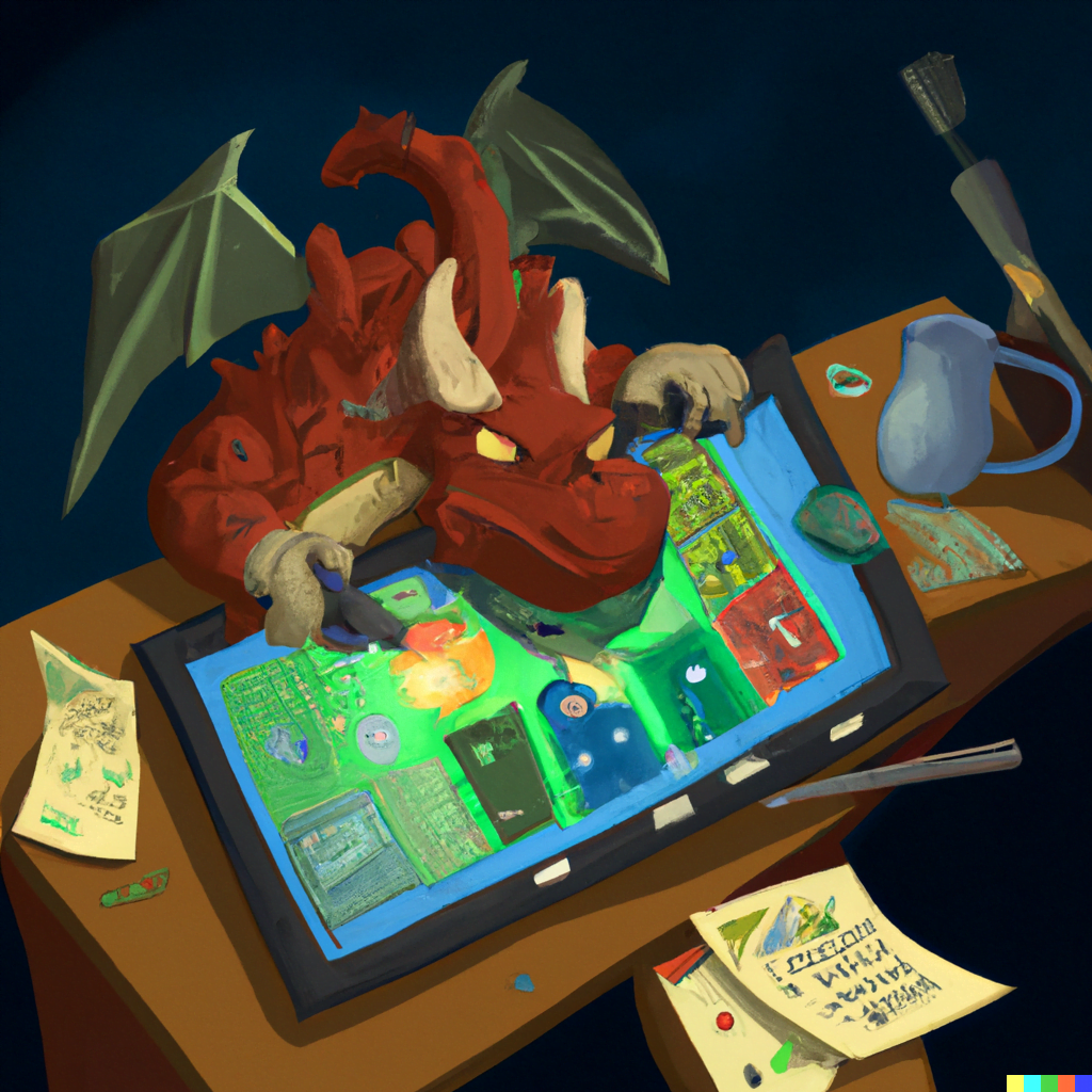 DALL·E 2022-07-13 00.08.32 – a dragon playing a dnd game digital illustration